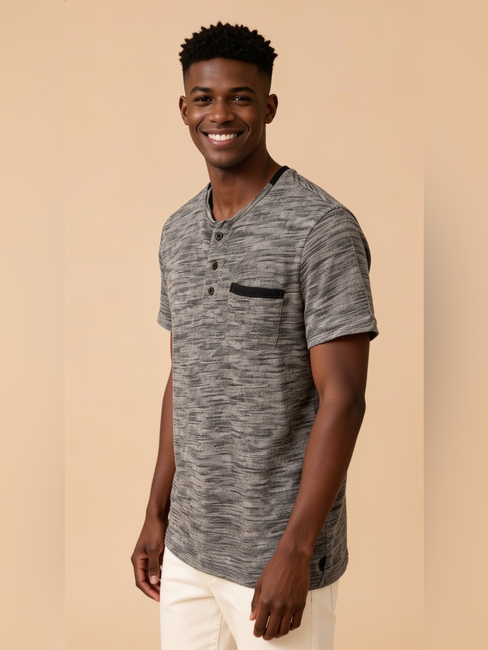Express Gray Marled Short-Sleeve Henley with Black Pocket Trim